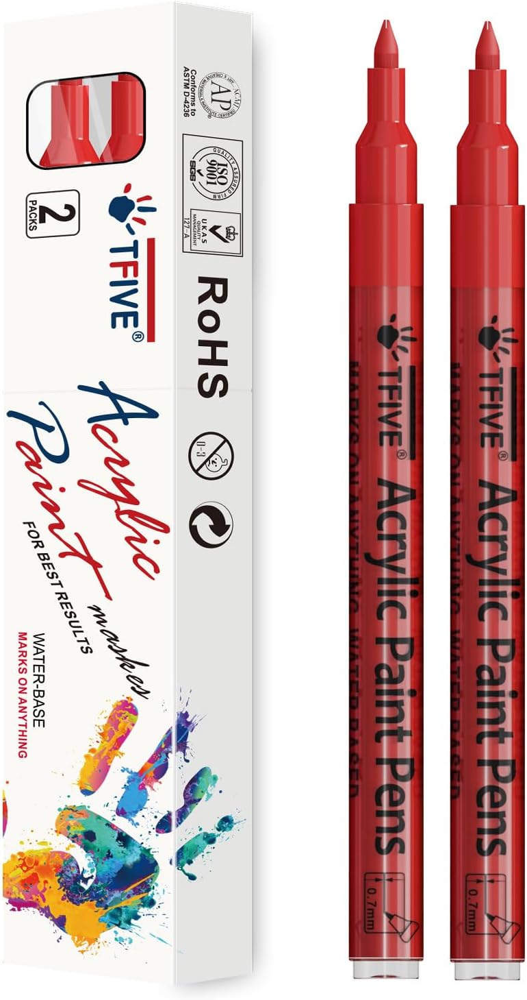 TFIVE Red Paint Pens - 2 Pack Acrylic Permanent Markers, 0.7mm Extra Fine Tip for Art Projects, Drawing, Rock Painting, Ceramic, Glass, Wood, Plastic, Metal, Canvas DIY Crafts - Image 1